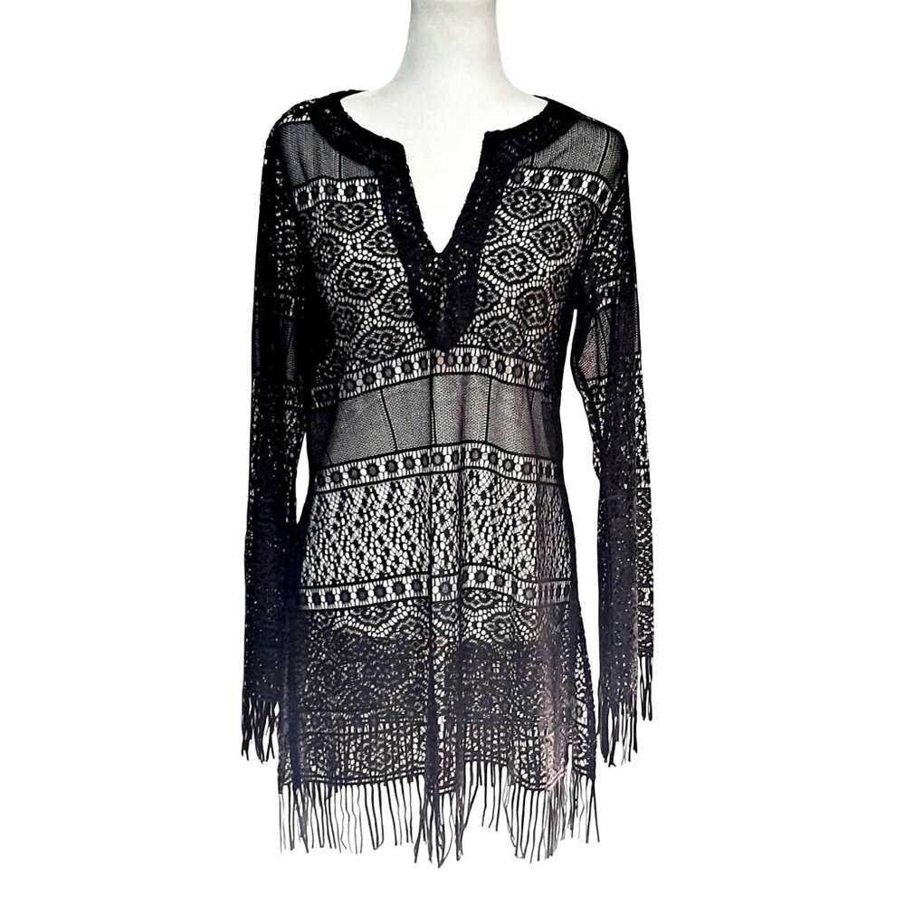 Y2K Witchy Black Sheer Lace Tassel Boho Top Sz L‎ Whimsy A-List Wrapper